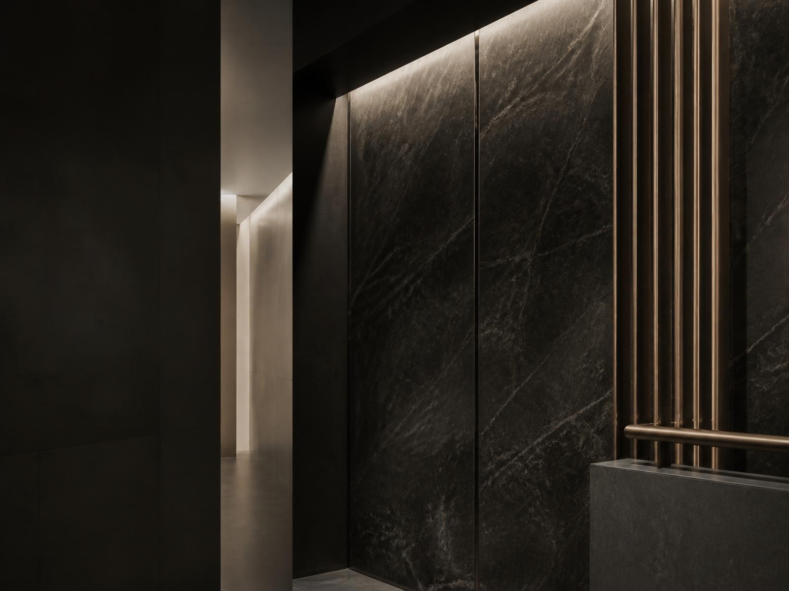 Interior of a modern accounting practice in onyx stone and bronze